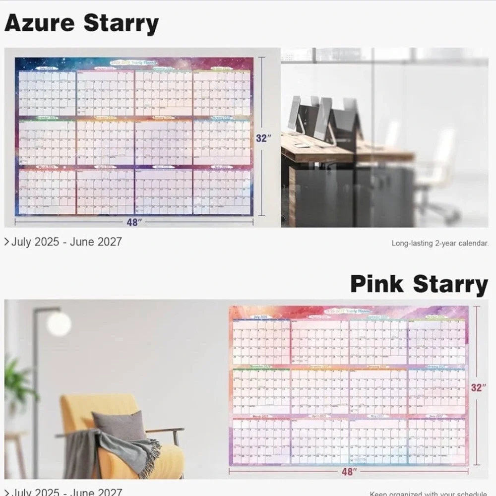 2025-2027 Dry Erase Wall Calendar 48x32 Laminated 2 Year Planner Azure Starry